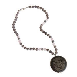 Κολιέ με γκρι αχάτη και ροζ jade - ημιπολύτιμες πέτρες, κοντά, ατσάλι, ροζάριο, μπρούντζος