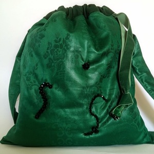 Γυναικεία χειροποίητη τσάντα ώμου πουγκί από ύφασμα σε σμαραγδί με κρύσταλλα σκούρο κυπαρισσί με διαστάσεις 34x38 και ιμάντα 4,5εκ. πλάτος - ύφασμα, ώμου, πουγκί, χειροποίητα - 2