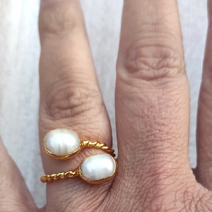 Δαχτυλίδι δίπετρο με μαργαριτάρια. - επιχρυσωμένα, ορείχαλκος, για γάμο, αυξομειούμενα, φθηνά - 3