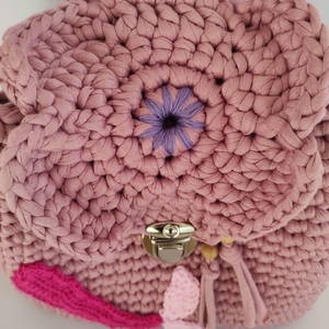 Πλεκτή ροζ χειροποίητη τσάντα πλάτης λουλούδι, βαμβακερό νήμα, 25εκ - νήμα, πλάτης, πλεκτές τσάντες, τσαντάκια - 3