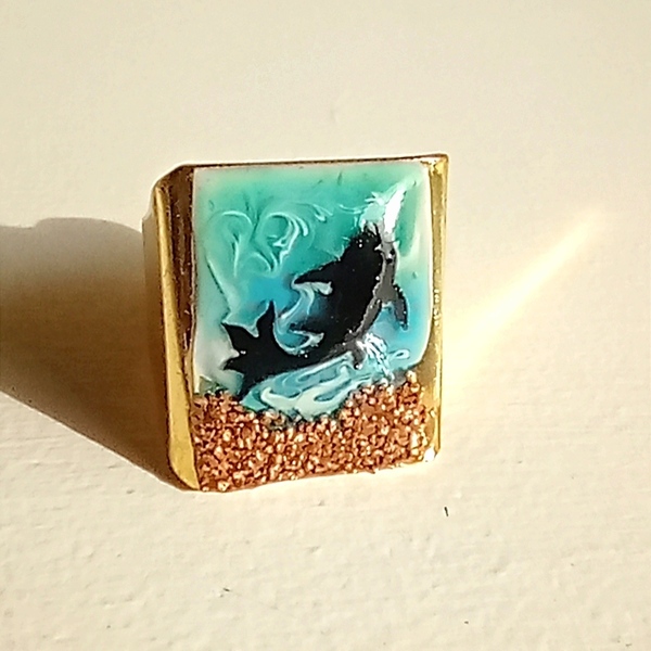 Δαχτυλίδι τετράγωνο με τρισδιάστατη θαλασσινή εικόνα - χαλκός, μεγάλα, δώρα γενεθλίων, αυξομειούμενα, δώρα για γυναίκες - 2