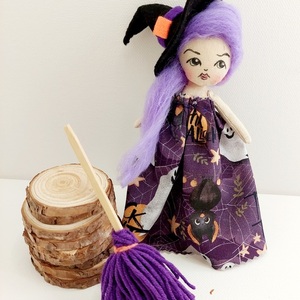 Halloween μάγισσα διακοσμητική με σκούπα - ύφασμα, ξύλο, διακοσμητικά, μαλλί felt