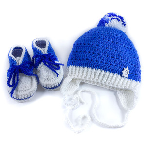 Πλεκτό σετ λευκό-μπλε για αγόρια/ σκουφάκι, παπουτσάκια/ Πλεκτά για μωρά/ 0-12/ Crochet white-blue set for baby-boys/ hat, shoes - αγόρι, σετ, 6-9 μηνών, βρεφικά ρούχα