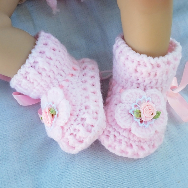 Πλεκτό σετ ανοιχτό ροζ για κορίτσια / σκουφάκι, παπουτσάκια / 0-12/ Crochet pink set for girls / hat, shoes - κορίτσι, σετ, βρεφικά ρούχα - 5