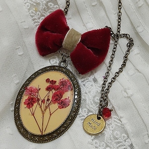Μενταγιόν "blooming bow in red" - γυαλί, μακριά, λουλούδι, μπρούντζος, μενταγιόν