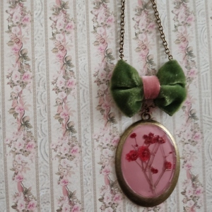 Μενταγιόν "blooming bow in green" IV - γυαλί, μακριά, λουλούδι, μπρούντζος, μενταγιόν