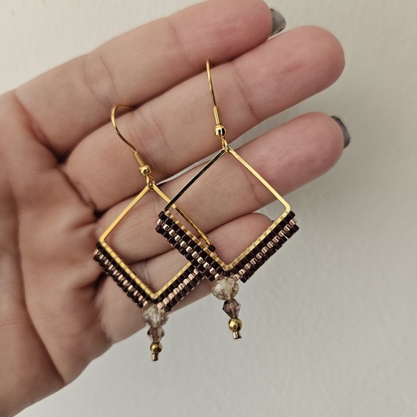Χρυσά τετράγωνα σκουλαρίκια με γυάλινες χάντρες - γυαλί, επιχρυσωμένα, minimal, κρεμαστά - 2