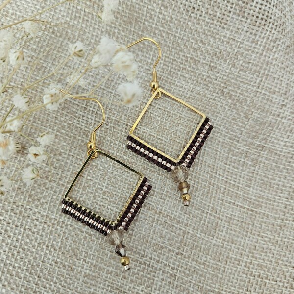 Χρυσά τετράγωνα σκουλαρίκια με γυάλινες χάντρες - γυαλί, επιχρυσωμένα, minimal, κρεμαστά - 3