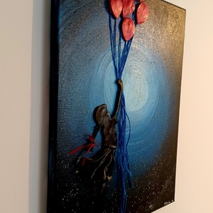 Χειροποίητος πίνακας από πηλό Καμβάς 30Χ40cm Κορίτσι κόκκινα μπαλόνια - πίνακες & κάδρα, πηλός, πίνακες ζωγραφικής - 4