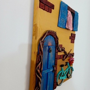 Χειροποίητος πίνακας Καμβας 24Χ30cm_Σπίτι με ποδήλατο-Αντίγραφο - πίνακες & κάδρα, πίνακες ζωγραφικής, πολυμερικό πηλό - 4