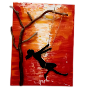 Χειροποίητος πίνακας από πηλό Καμβάς 30Χ40cm Γυναίκα στην κούνια - πίνακες & κάδρα, πηλός, πίνακες ζωγραφικής