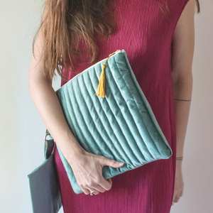 Τσάντα Φάκελος - Τσάντα Χειρός - Θήκη Laptop Tablet - Χειροποίητη Τσάντα από Καπιτονέ Βελούδο - Πράσινο Βελούδο - ύφασμα, φάκελοι, all day, χειρός - 2