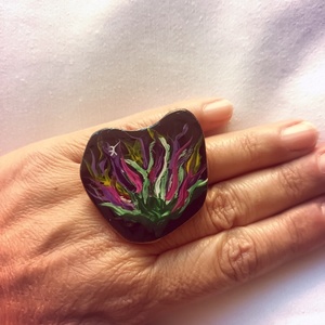 Δαχτυλίδι " Ακανόνιστο Πολύχρωμο Λουλούδι " - ξύλο, λουλούδι, μεγάλα, αυξομειούμενα - 2