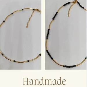 Κολιέ με χρυσές ράγες και μαύρες πέτρες - κοντά, ατσάλι, layering, seed beads - 4