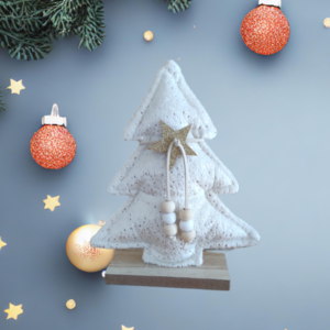 Χριστουγεννιάτικο δέντρο με βάση ξύλινη, με ύφασμα γυαλιστερό. - ύφασμα, ξύλο, νονά, διακοσμητικά, δέντρο - 2