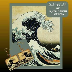 Χρυσαφί σκουλαρίκια με πίνακα ιαπωνικής τέχνης. Ατσάλι, αλουμίνιο, κρύα πορσελάνη. 5,8x3,4 cm περ. "Το μεγάλο κύμα έξω από την Καναγκαβα" - ατσάλι, κρεμαστά - 5