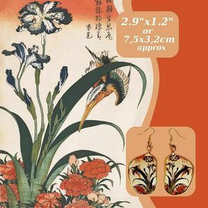 Χρυσαφί σκουλαρίκια με πίνακα ιαπωνικής τέχνης. Ατσάλι, αλουμίνιο, κρύα πορσελάνη. 7,5x3,2 cm περ. "Αλκυόνη, ίριδα και γαρύφαλλο" - χειροποίητα, ατσάλι, κρεμαστά - 4