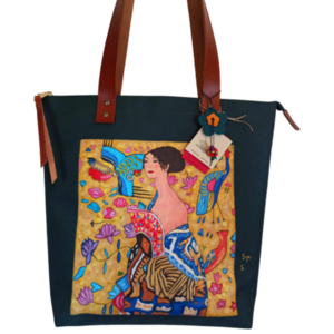Τσάντα ώμου με δερμάτινα χερούλια ,αντίγραφο G Klimt. - δέρμα, ύφασμα, ώμου, all day, χειρός