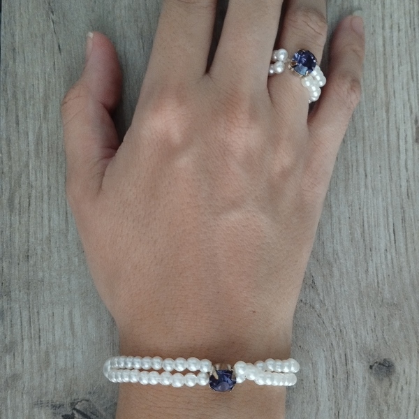 Σετ βραχιόλι και δαχτυλίδι ελαστικό - πέτρα, με πέρλες, πέρλες, faux bijoux, σετ κοσμημάτων - 4