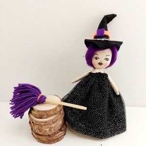 Halloween μάγισσα διακοσμητική με σκούπα Νο2 - ύφασμα, ξύλο, διακοσμητικά, μαλλί felt - 3