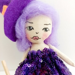 Halloween μάγισσα διακοσμητική με σκούπα Νο3 - ύφασμα, ξύλο, διακοσμητικά, μαλλί felt - 3