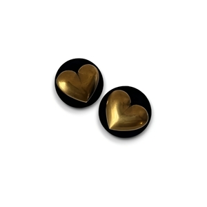 Retro round heart Σκουλαρίκια σε σχήμα καρδιά σε χρώμα χρυσό με μαύρο - ορείχαλκος, καρφωτά, boho, μεγάλα, φθηνά