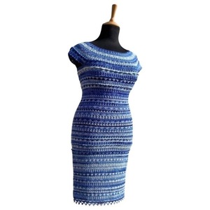 Μπλε καλοκαιρινό πλεκτό φόρεμα κροσέ - μετάξι, βαμβάκι, crop top