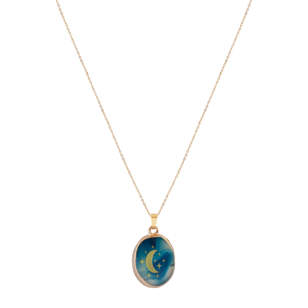 Κολιέ Με Ατσάλινη Αλυσίδα και Αχάτη "Blue Moon" - ημιπολύτιμες πέτρες, charms, επιχρυσωμένα, κοντά, ατσάλι