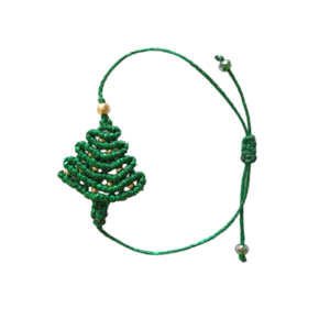 Macrame βραχιόλι χριστουγεννιάτικο δέντρο από πράσινη μεταλιζέ κλωστή με μπαλίτσες σε χρυσό χρώμα - μακραμέ, χάντρες, χριστουγεννιάτικο δέντρο, χεριού, αυξομειούμενα