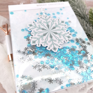 Χριστουγεννίατικη Ευχετήρια Κάρτα (Shaker card) με χιονονιφάδες και γαλάζια sequins - χαρτί, χιονονιφάδα, ευχετήριες κάρτες - 4