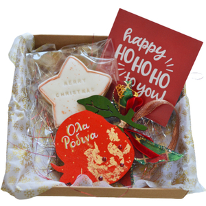 Κουτί δώρου με χριστουγεννιάτικο μπισκότο, γούρι ρόδι και μία κάρτα ευχών - ξύλο, νονά, ρόδι, σετ δώρου