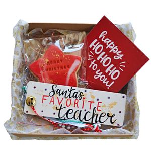 Κουτί δώρου για δασκάλους με χριστουγεννιάτικο μπισκότο, σελιδοδείκτη/στολίδι και μία κάρτα ευχών - ξύλο, δασκάλα, σετ δώρου