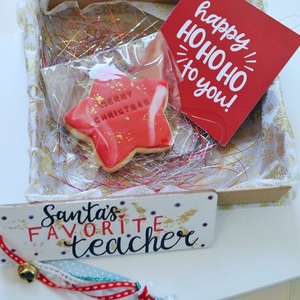 Κουτί δώρου για δασκάλους με χριστουγεννιάτικο μπισκότο, σελιδοδείκτη/στολίδι και μία κάρτα ευχών - ξύλο, δασκάλα, σετ δώρου - 5