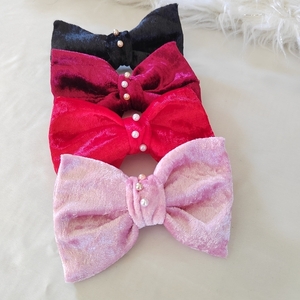 Χειροποίητος φιογκος για τα μαλλιά με βελούδο και πέρλες και μπαρέτα σε κόκκινο, μπορντό, μαύρο, ροζ 1τμχ 14,5 cm - ύφασμα, φιόγκος, βελούδο, χριστουγεννιάτικα δώρα, hair clips - 2