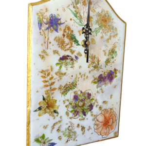 Χειροποίητο ρολόι τοίχου με βάση mdf, σχεδιασμό με υγρό γυαλί, απεικόνιση λουλουδιών και φύλλα χρυσού - ξύλο, γυαλί, τοίχου - 2
