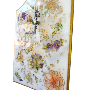 Χειροποίητο ρολόι τοίχου με βάση mdf, σχεδιασμό με υγρό γυαλί, απεικόνιση λουλουδιών και φύλλα χρυσού - ξύλο, γυαλί, τοίχου - 3