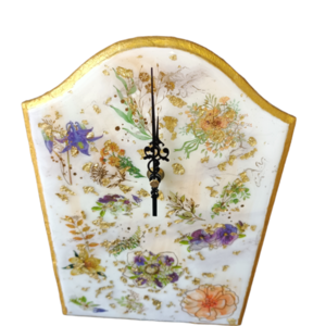 Χειροποίητο ρολόι τοίχου με βάση mdf, σχεδιασμό με υγρό γυαλί, απεικόνιση λουλουδιών και φύλλα χρυσού - ξύλο, γυαλί, τοίχου - 4