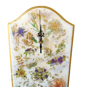 Χειροποίητο ρολόι τοίχου με βάση mdf, σχεδιασμό με υγρό γυαλί, απεικόνιση λουλουδιών και φύλλα χρυσού - ξύλο, γυαλί, τοίχου - 5