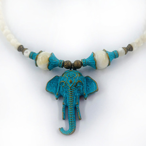 Έθνικ κολιέ με σιντέφι (mother of pearl) και motif, retro patina, ελέφαντας - ορείχαλκος, ethnic - 3