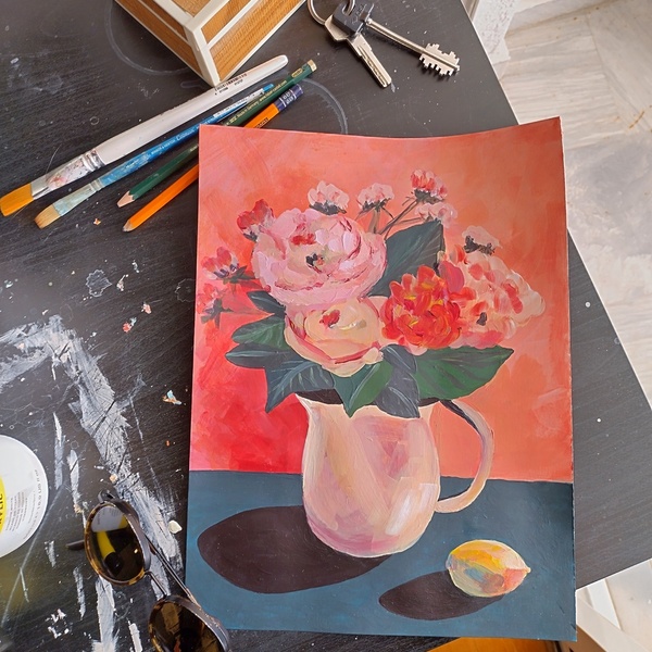 Flowers in a vase No4 - Αυθεντικό σχέδιο ακουαρέλας σε κάδρο - πίνακες & κάδρα, boho, πίνακες ζωγραφικής