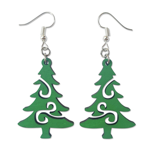 Ξύλινα, χριστουγεννιάτικα σκουλαρίκια Δέντρο, ζωγραφισμένα στο χέρι - ξύλο, νονά, κοσμήματα, δασκάλα, δέντρο