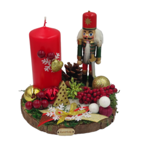 Χειροποίητο διακοσμητικό με κόκκινο κερί, καρυοθραύστη, κουκουνάρι και διακοσμητικά σε κορμό δέντρου 15cm - ξύλο, διακοσμητικά, χριστουγεννιάτικα δώρα, κεριά
