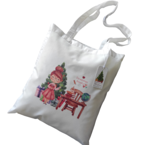 Χριστουγεννιάτικη λευκή υφασμάτινη tote bag με μακρύ χερούλι για την δασκάλα 37χ41εκ. - ύφασμα, αξεσουάρ, δασκάλα, δέντρο, προσωποποιημένα