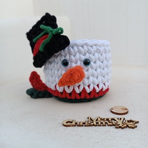 Χριστουγεννιάτικο χειροποίητο καλαθάκι χιονάνθρωπος. - νήμα, διακοσμητικά, χιονονιφάδα - 2