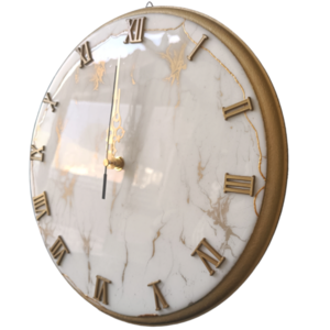Χειροποίητο ρολόι τοίχου με βάση mdf και σχεδιασμό με υγρό γυαλί σε λευκό - χρυσό συνδυασμό - ξύλο, γυαλί, τοίχου - 2