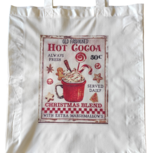 Χριστουγεννιάτικη λευκή υφασμάτινη tote bag με μακρύ χερούλι"Hot cocoa" 37χ41εκ. - ύφασμα, vintage, αξεσουάρ - 2