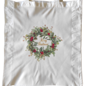 Χριστουγεννιάτικη λευκή υφασμάτινη tote bag με μακρύ χερούλι "Merry Christmas"37χ41εκ. - ύφασμα, vintage, αξεσουάρ - 2