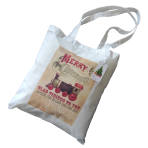 Χριστουγεννιάτικη λευκή υφασμάτινη tote bag με μακρύ χερούλι "Vintage τρενάκι"37χ41εκ. - ύφασμα, vintage, αξεσουάρ