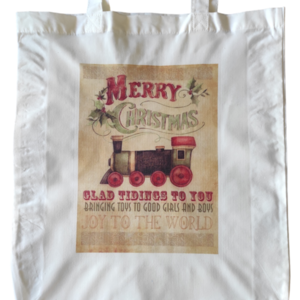 Χριστουγεννιάτικη λευκή υφασμάτινη tote bag με μακρύ χερούλι "Vintage τρενάκι"37χ41εκ. - ύφασμα, vintage, αξεσουάρ - 2