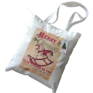 Χριστουγεννιάτικη λευκή υφασμάτινη tote bag με μακρύ χερούλι "Vintage αλογάκι"37χ41εκ. - ύφασμα, vintage, αξεσουάρ